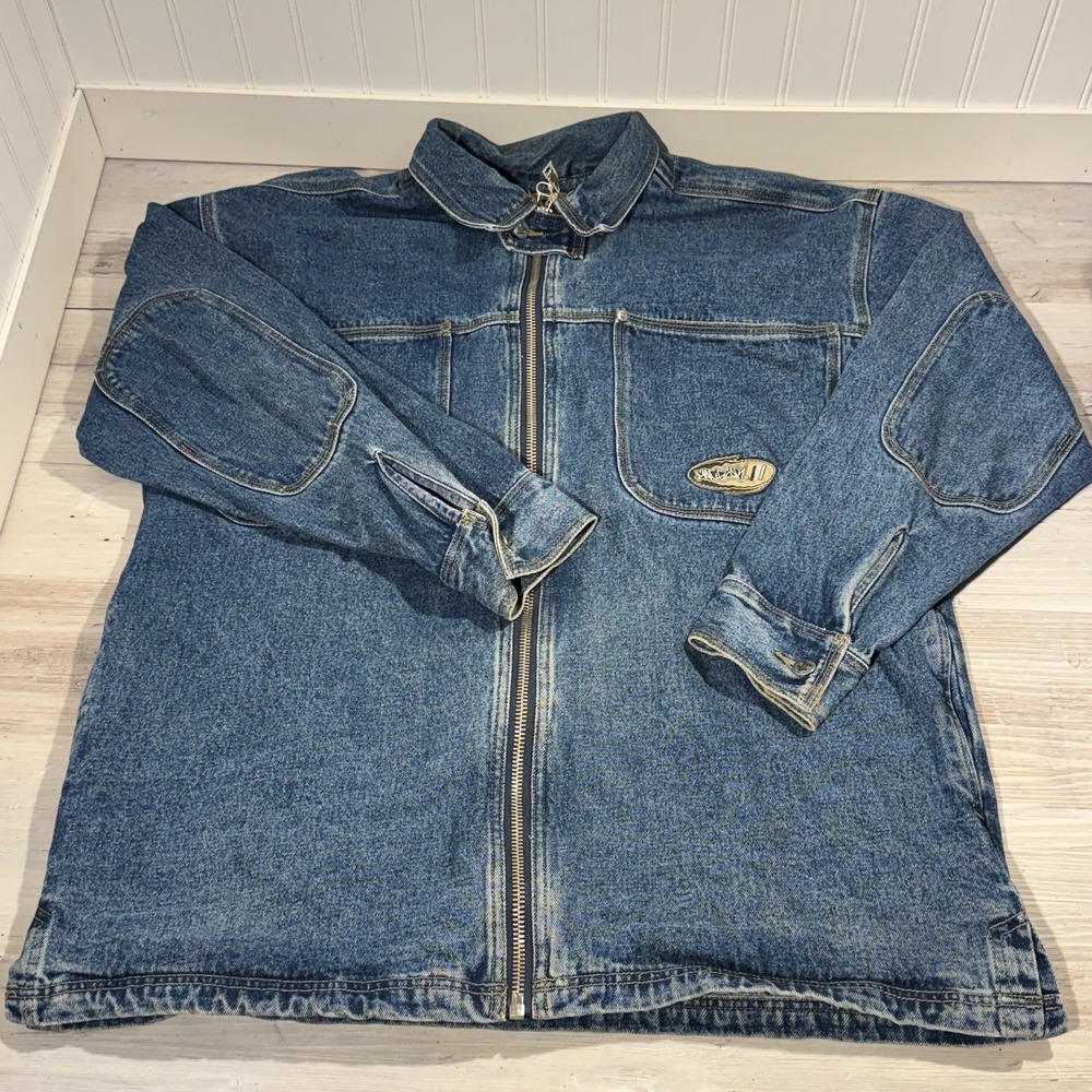 Rare VTG MACGEAR Spell Out Full Zip Denim Jean Chore Jacket 90s Skater Blue L